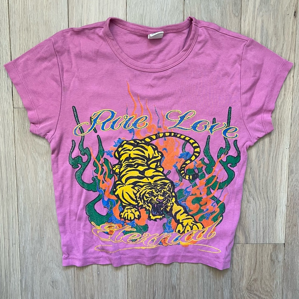 Graphic Baby Tee Graphic Print Crop Pink Tiger T-Shirt Y2K Ed Hardy Style
